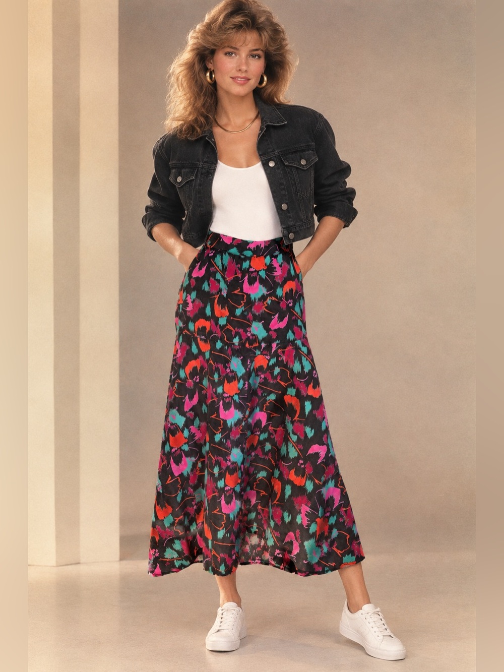 Vintage 80s Retro indie art teacher midi Skirt with multicolored abstract Size S